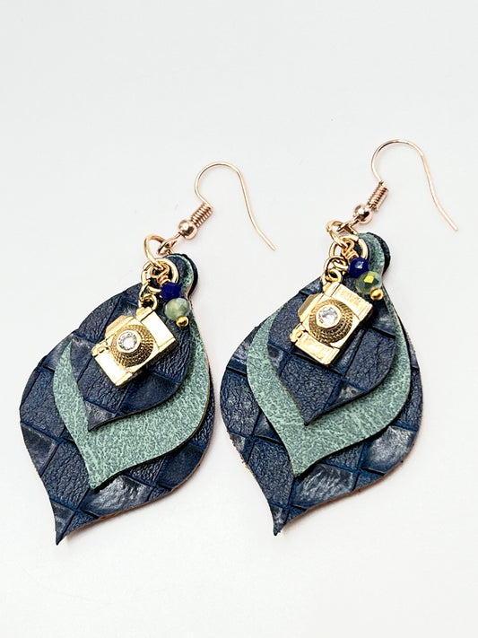 Blue and Green Camera Earrings